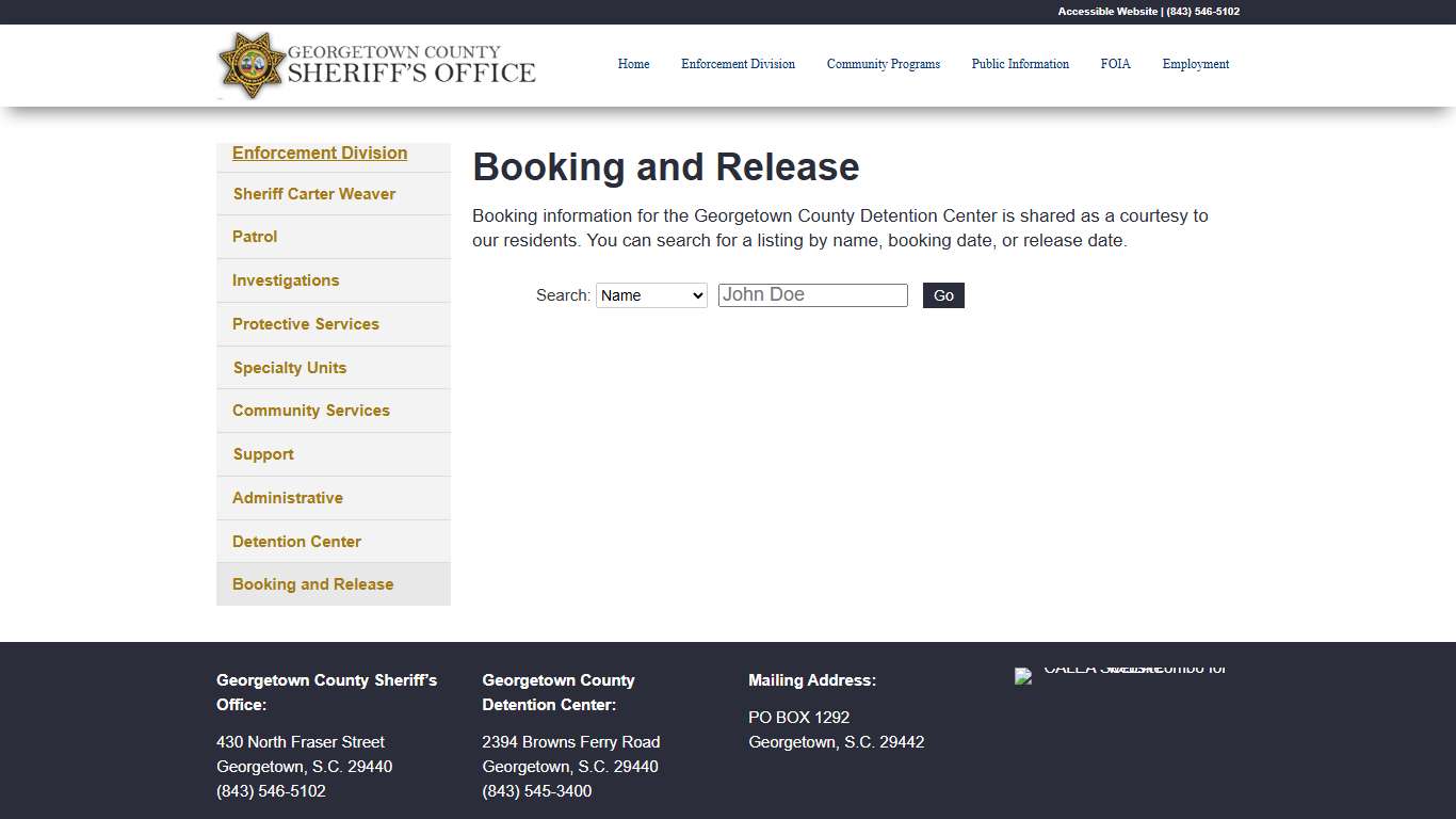 Booking and Release - GCSheriff.org